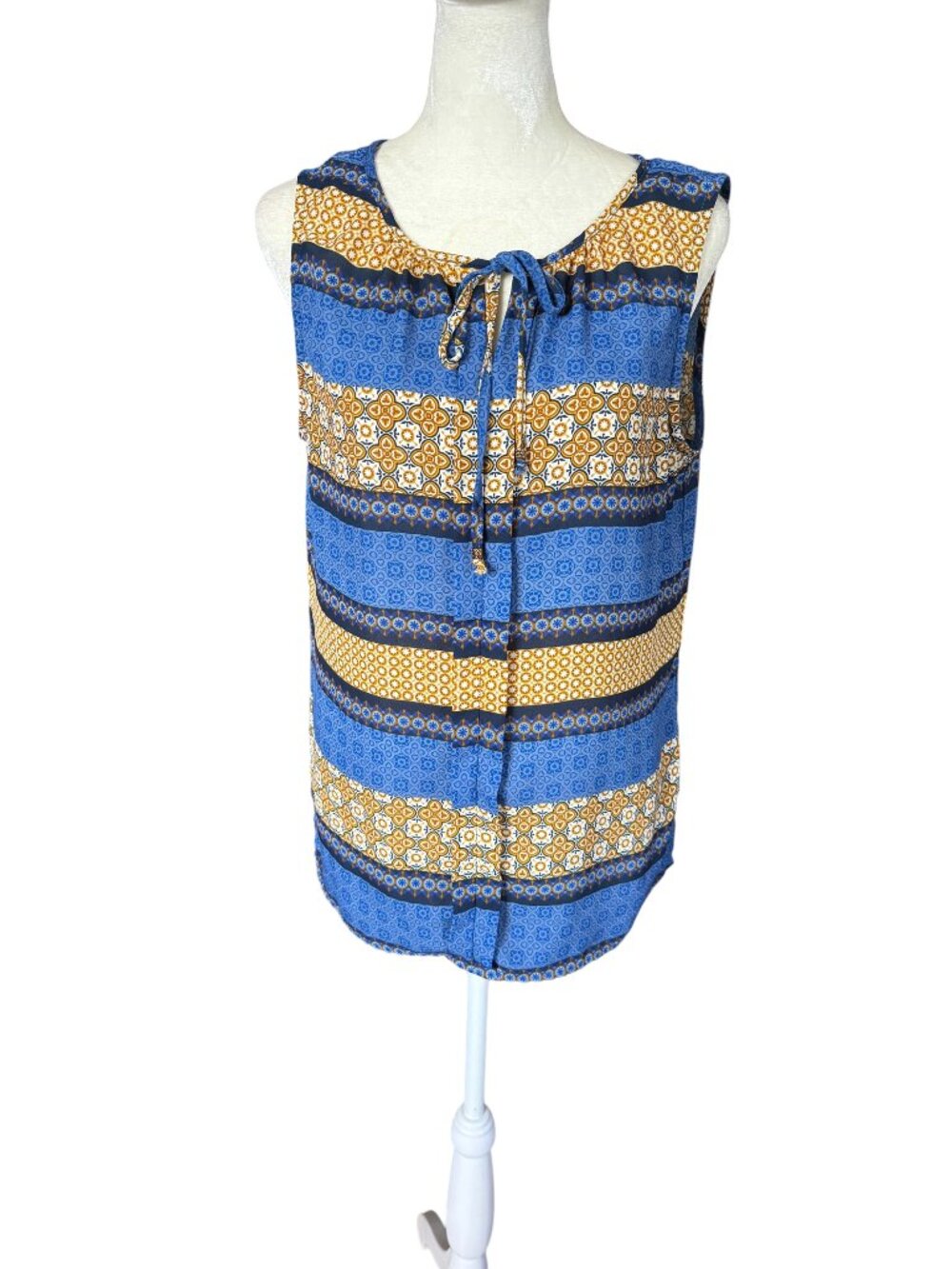 Dressbarn blue and yellow bohemian patterned sleeveless tie neck blouse size S